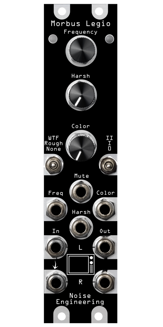 Morbus Legio black overlay on a silver module. Morbus is a noise generator firmware for the Legio platform | Noise Engineering