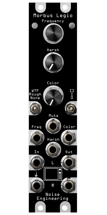 Morbus Legio black overlay on a silver module. Morbus is a noise generator firmware for the Legio platform | Noise Engineering