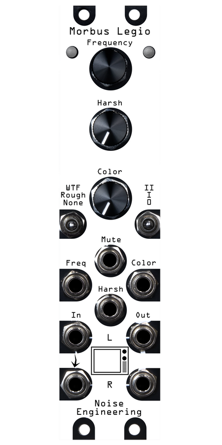 Morbus Legio white overlay on a silver module. Morbus is a noise generator firmware for the Legio platform | Noise Engineering