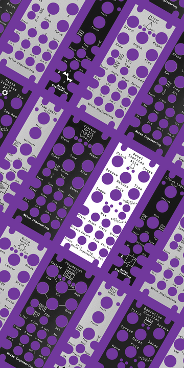 Load image into Gallery viewer, Overlay panels for Alia, Legio, and Versio Modules in silver and black on a purple background. Available in multipacks or individually | Noise Engineering
