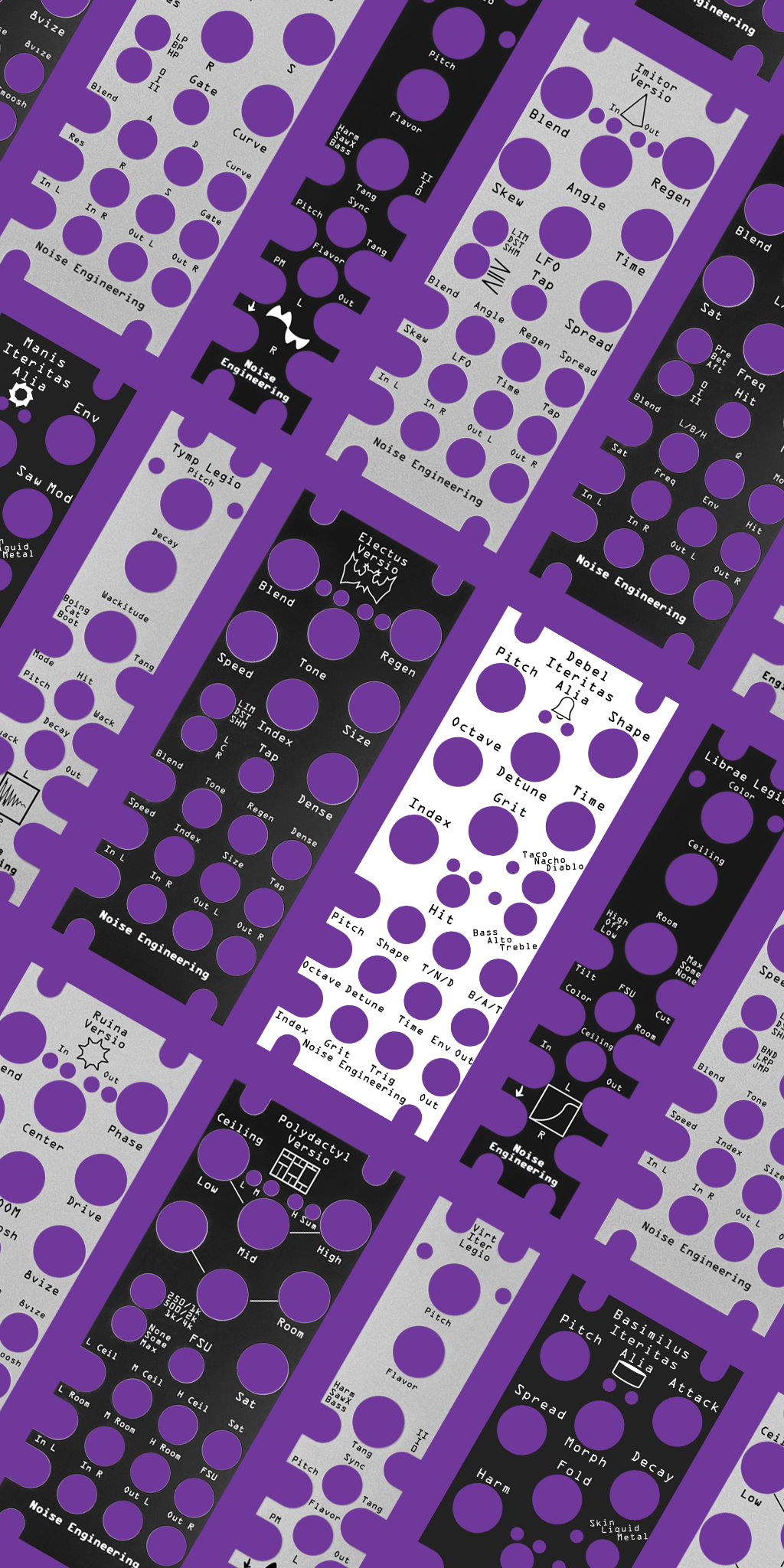 Overlay panels for Alia, Legio, and Versio Modules in silver and black on a purple background. Available in multipacks or individually | Noise Engineering