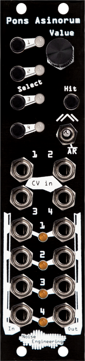 Load image into Gallery viewer, Pons Asinorum Eurorack module in black with buttons and knob at top and jacks at bottom | Noise Engineering

