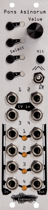 Load image into Gallery viewer, Pons Asinorum Eurorack module in silver with buttons and knob at top and jacks at bottom | Noise Engineering
