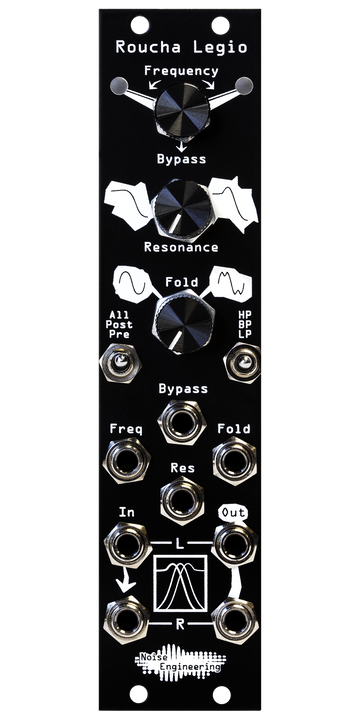 Load image into Gallery viewer, Roucha Legio Eurorack filter in black with three knobs on top, two switches in the middle, and eight jacks on bottom with white art | Noise Engineering
