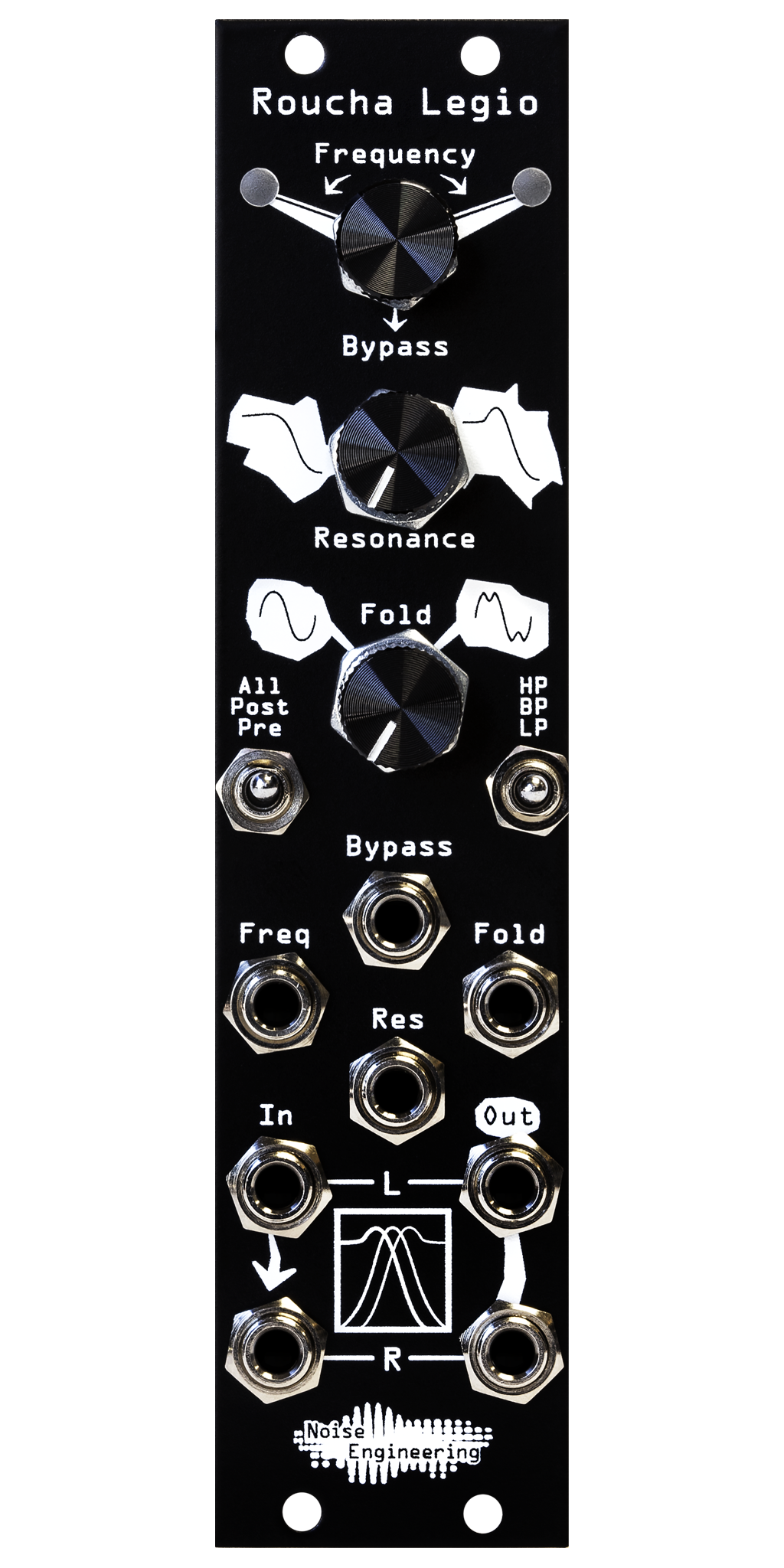 Roucha Legio Eurorack filter in black with three knobs on top, two switches in the middle, and eight jacks on bottom with white art | Noise Engineering