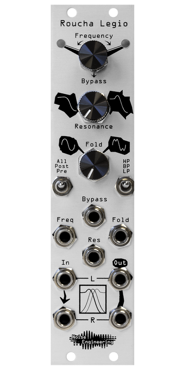 Load image into Gallery viewer, Roucha Legio Eurorack filter in silver with three knobs on top, two switches in the middle, and eight jacks on bottom with black art | Noise Engineering
