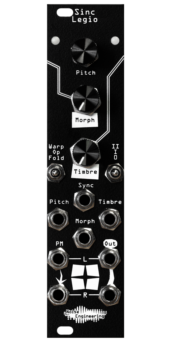 Sinc Legio module in black. Two LEDs at top with encoder and pots in a column. Two switches below and 8 jacks on bottom. | Noise Engineering