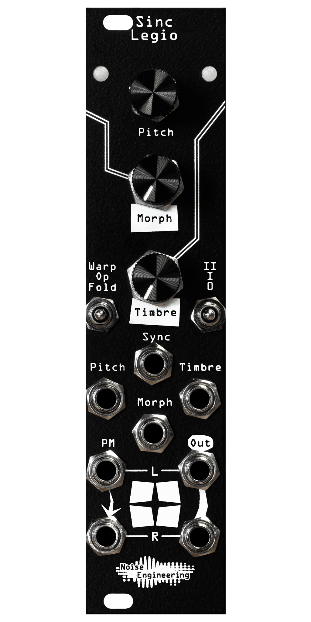 Sinc Legio module in black. Two LEDs at top with encoder and pots in a column. Two switches below and 8 jacks on bottom. | Noise Engineering