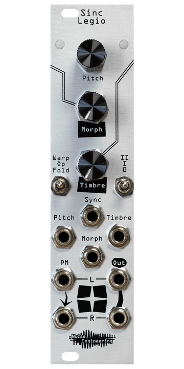 Load image into Gallery viewer, Sinc Legio module in silver. Two LEDs at top with encoder and pots in a column. Two switches below and 8 jacks on bottom. | Noise Engineering
