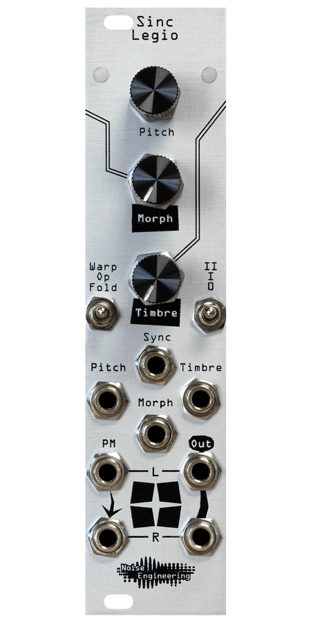Sinc Legio module in silver. Two LEDs at top with encoder and pots in a column. Two switches below and 8 jacks on bottom. | Noise Engineering