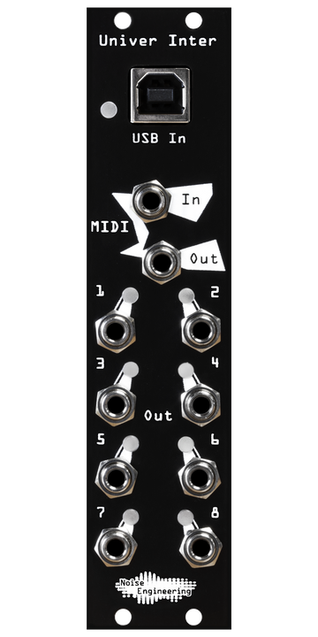 Load image into Gallery viewer, Univer Inter MIDI-to-CV module in black with USB B at top, MIDI TRS in and out below, and 8 outputs in 6HP. | Noise Engineering
