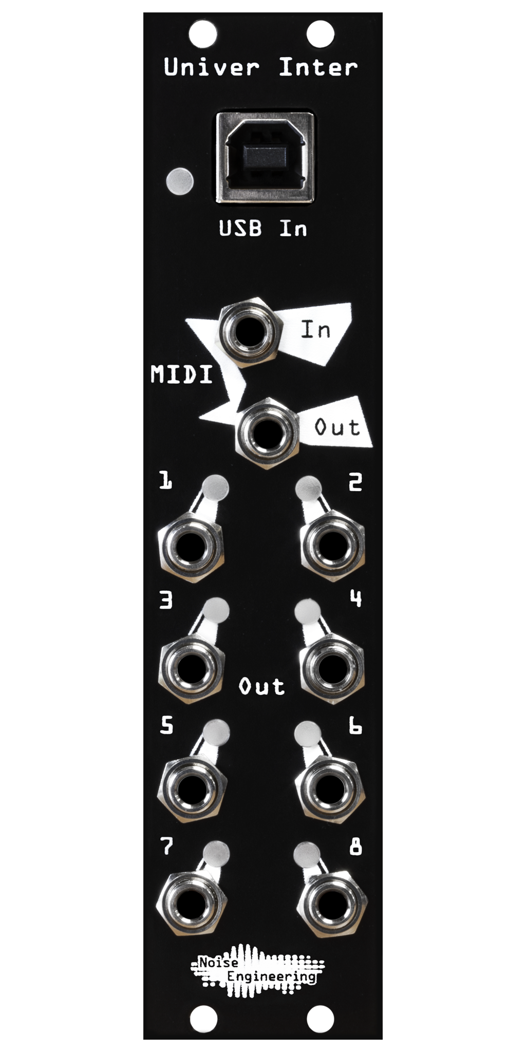 Univer Inter MIDI-to-CV module in black with USB B at top, MIDI TRS in and out below, and 8 outputs in 6HP. | Noise Engineering