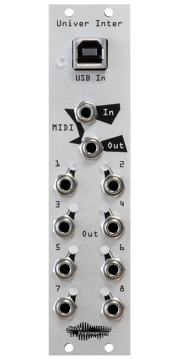 Load image into Gallery viewer, Univer Inter MIDI-to-CV module in silver with USB B at top, MIDI TRS in and out below, and 8 outputs in 6HP. | Noise Engineering
