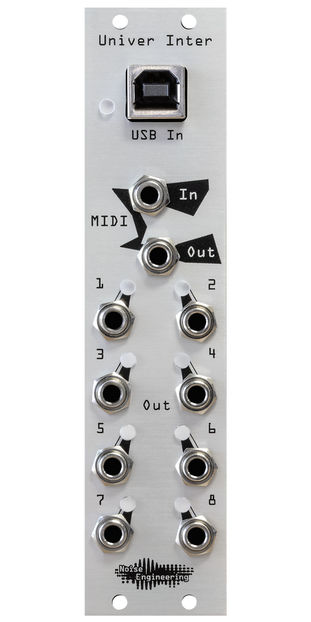 Univer Inter MIDI-to-CV module in silver with USB B at top, MIDI TRS in and out below, and 8 outputs in 6HP. | Noise Engineering