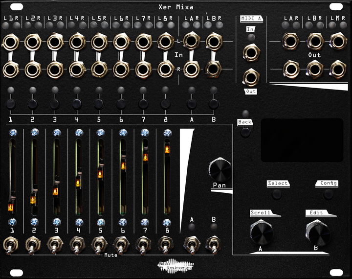 Load image into Gallery viewer, Xer Mixa 32HP mixer in black: 14 stereo pairs of jacks run across the top along with pairs of LEDs.  Below that are momentaries for channel select, sliders for volume, switch mutes, and to the right, encoders and mometaries to control the screen | Noise Engineering
