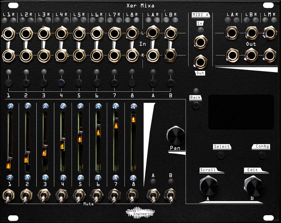 Xer Mixa 32HP mixer in black: 14 stereo pairs of jacks run across the top along with pairs of LEDs.  Below that are momentaries for channel select, sliders for volume, switch mutes, and to the right, encoders and mometaries to control the screen | Noise Engineering