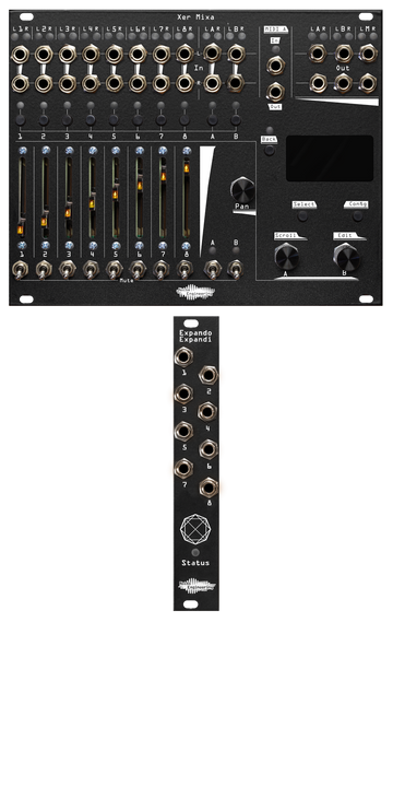 Load image into Gallery viewer, Xer Mixa and Expando Expandi bundle in black: the mixer has 14 stereo pairs of jacks with pairs of LEDs. Below that are momentaries for channel select, sliders for volume, switch mutes, and to the right, encoders and mometaries to control the screen. The mixer dwarfs the 4hp expander which has 8 jacks, a mysterious symbol, and an LED labeled Status. | Noise Engineering
