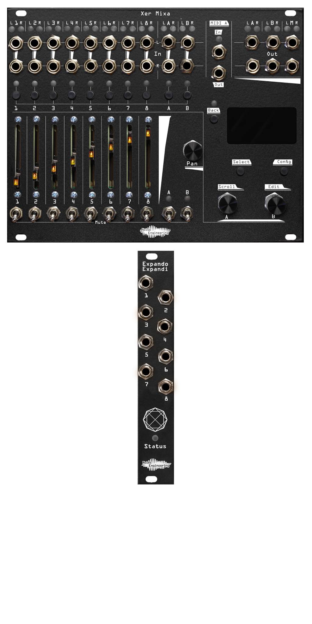 Xer Mixa and Expando Expandi bundle in black: the mixer has 14 stereo pairs of jacks with pairs of LEDs. Below that are momentaries for channel select, sliders for volume, switch mutes, and to the right, encoders and mometaries to control the screen. The mixer dwarfs the 4hp expander which has 8 jacks, a mysterious symbol, and an LED labeled Status. | Noise Engineering