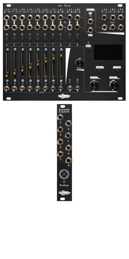 Xer Mixa and Expando Expandi bundle in black: the mixer has 14 stereo pairs of jacks with pairs of LEDs. Below that are momentaries for channel select, sliders for volume, switch mutes, and to the right, encoders and mometaries to control the screen. The mixer dwarfs the 4hp expander which has 8 jacks, a mysterious symbol, and an LED labeled Status. | Noise Engineering