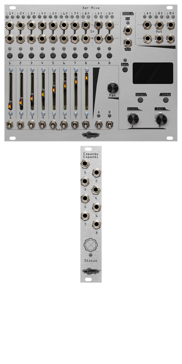 Load image into Gallery viewer, Xer Mixa and Expando Expandi bundle in silver: the mixer has 14 stereo pairs of jacks with pairs of LEDs. Below that are momentaries for channel select, sliders for volume, switch mutes, and to the right, encoders and mometaries to control the screen. The mixer dwarfs the 4hp expander which has 8 jacks, a mysterious symbol, and an LED labeled Status. | Noise Engineering
