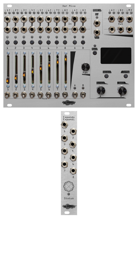 Xer Mixa and Expando Expandi bundle in silver: the mixer has 14 stereo pairs of jacks with pairs of LEDs. Below that are momentaries for channel select, sliders for volume, switch mutes, and to the right, encoders and mometaries to control the screen. The mixer dwarfs the 4hp expander which has 8 jacks, a mysterious symbol, and an LED labeled Status. | Noise Engineering