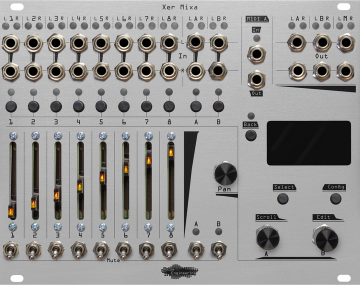 Load image into Gallery viewer, Xer Mixa 32HP mixer in silver: 14 stereo pairs of jacks run across the top along with pairs of LEDs.  Below that are momentaries for channel select, sliders for volume, switch mutes, and to the right, encoders and mometaries to control the screen | Noise Engineering
