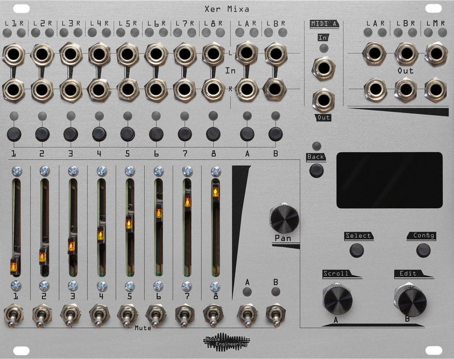 Xer Mixa 32HP mixer in silver: 14 stereo pairs of jacks run across the top along with pairs of LEDs.  Below that are momentaries for channel select, sliders for volume, switch mutes, and to the right, encoders and mometaries to control the screen | Noise Engineering