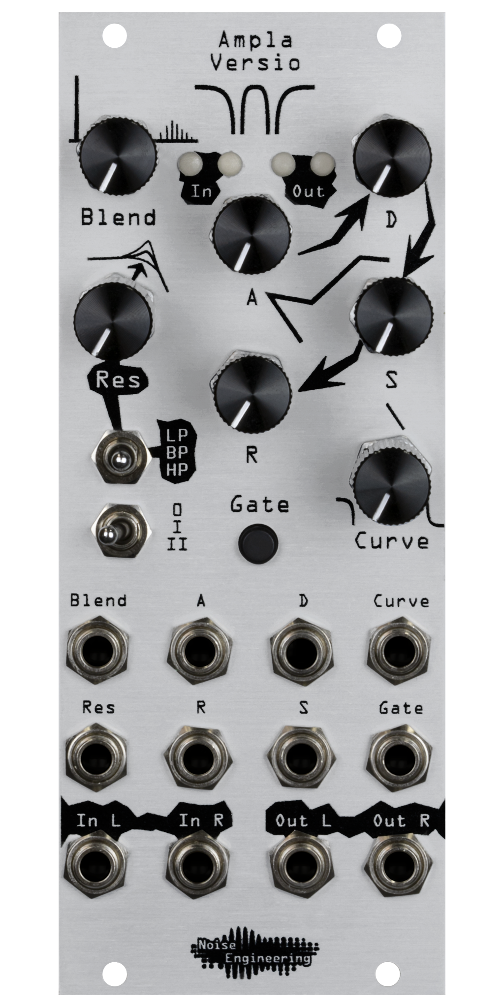 ADSR-controlled VCA and resonant filter gate on a DSP platform in silver | Ampla Versio by Noise Engineering
