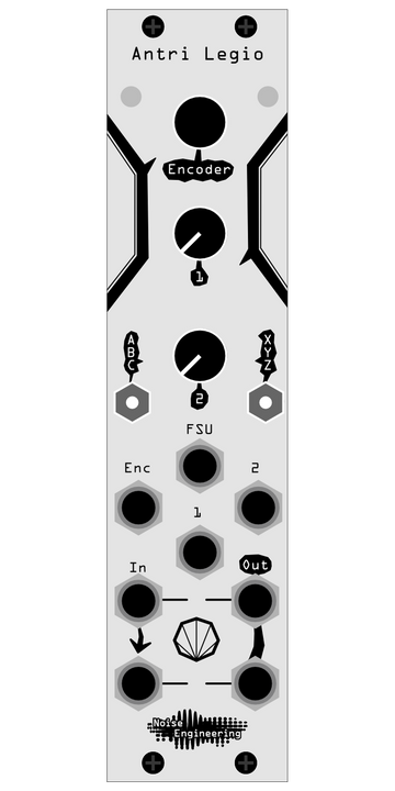 Load image into Gallery viewer, The dynamics processor of your dreams: stereo-in, stereo-out on a DSP/oscillator platform for Eurorack. Shown is the silver Antri panel with numbered and lettered parameters, ideal for developing your own firmware, in black. | Librae Legio and the World of Legio by Noise Engineering

