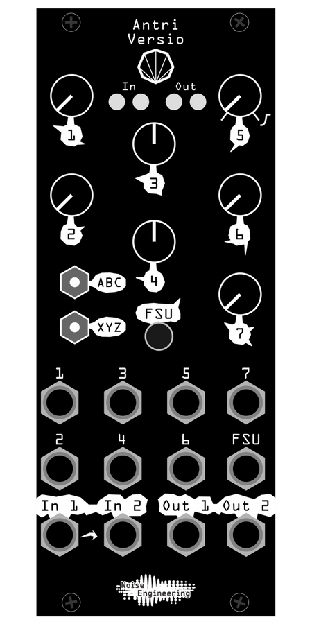 Stereo-in, stereo-out synthetic-tail generator reverb and DSP platform for Eurorack. Image shows Antri faceplate in black which has all parameters numbered, generally preferred for users developing their own firmwares. | Imitor Versio by Noise Engineering