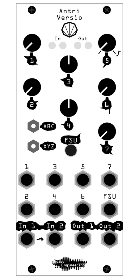 Stereo-in, stereo-out 12-tap multimode delay with clock sync and tap tempo plus DSP platform for Eurorack. Shown is Antri Versio numbered panel used primarily by people creating their own firmwares, here in silver | Versio by Noise Engineering