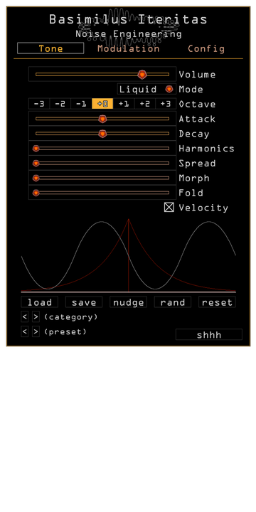 Load image into Gallery viewer, Basimilus Iteritas plugin for VST, AU, and AAX in Orange. On the Tone page are main parameters that set the timbre of the synth. Presets are also controlled here. | Noise Engineering
