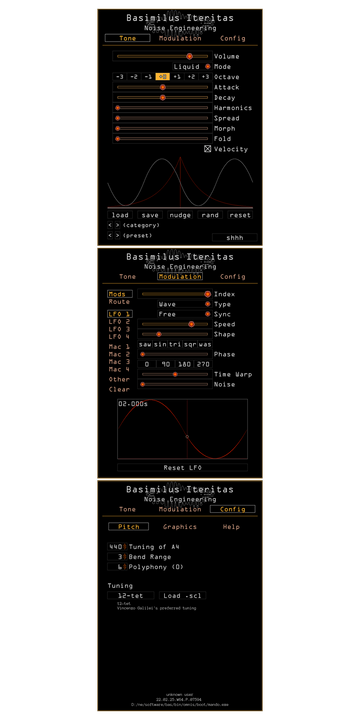 Load image into Gallery viewer, Basimilus Iteritas plugin for VST, AU, and AAX in Orange. On the Tone page are main parameters that set the timbre of the synth. Presets are also controlled here. The Modulation page showing parameters for LFO1. The Configuration page for the Pitch setting is also shown. Here you can load scala files and set the tuning, polyphony, and bend range. | Noise Engineering
