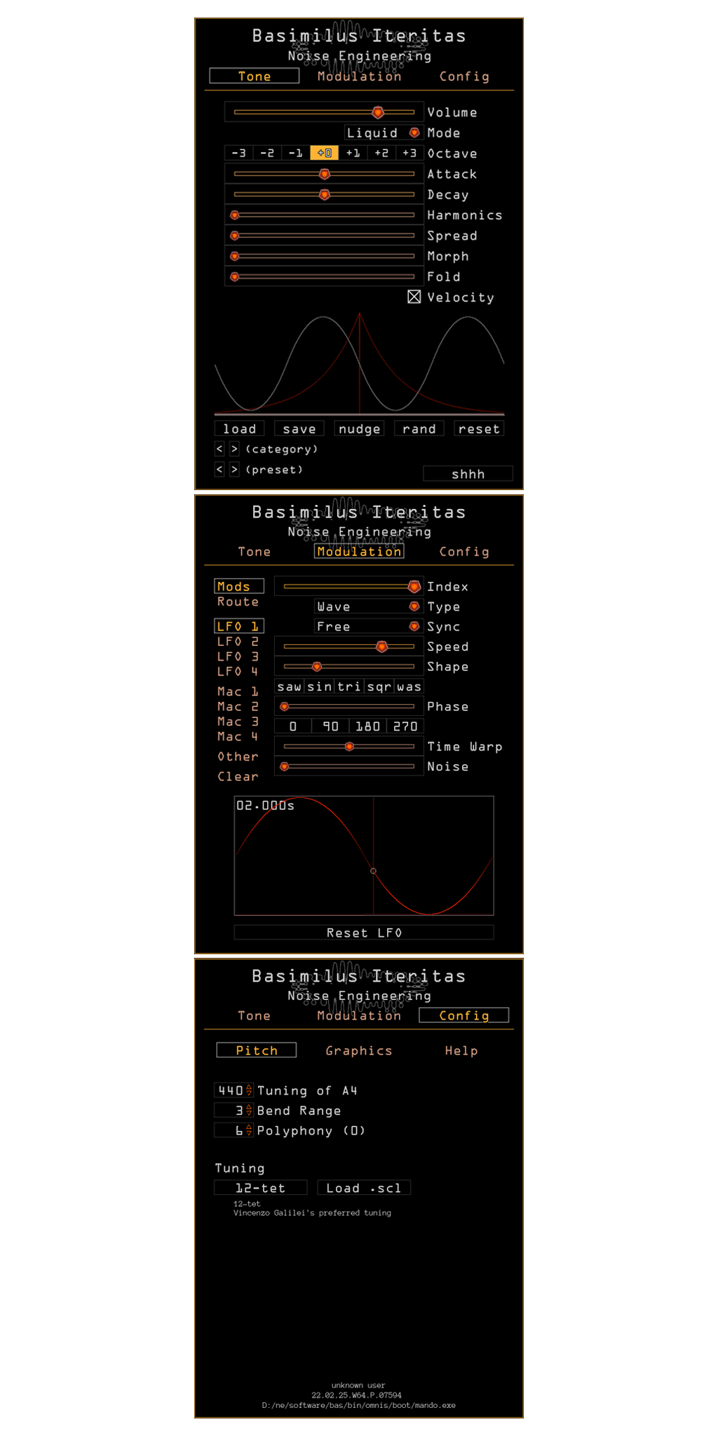 Basimilus Iteritas plugin for VST, AU, and AAX in Orange. On the Tone page are main parameters that set the timbre of the synth. Presets are also controlled here. The Modulation page showing parameters for LFO1. The Configuration page for the Pitch setting is also shown. Here you can load scala files and set the tuning, polyphony, and bend range. | Noise Engineering