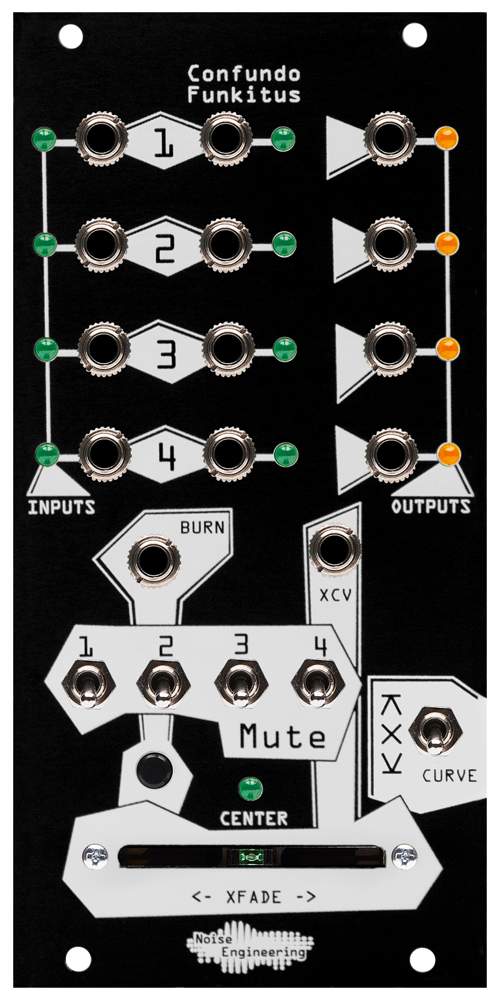 Four-part probabilistic rhythm crossfader Eurorack module in black | Confundo Funkitus by Noise Engineering