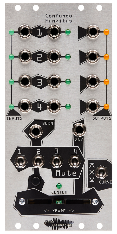 Four-part probabilistic rhythm crossfader Eurorack module in silver | Confundo Funkitus by Noise Engineering