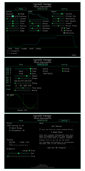 Load image into Gallery viewer, Cursus Vereor plugin for VST, AU, and AAX in Green. The tone page shows the main parameters that set the timbre of the synth. Presets are also controlled here. The Modulation page shows modulation and routing parameters for LFO1. The Configuration page lets you load scala files, set the tuning, polyphony, and bend range, update your graphics preferences (color and fire), and get help and manuals. | Noise Engineering
