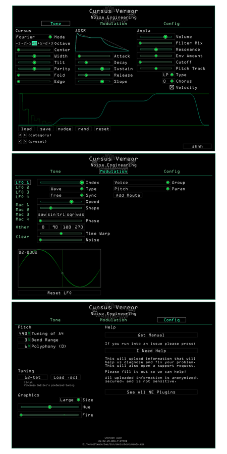 Cursus Vereor plugin for VST, AU, and AAX in Green. The tone page shows the main parameters that set the timbre of the synth. Presets are also controlled here. The Modulation page shows modulation and routing parameters for LFO1. The Configuration page lets you load scala files, set the tuning, polyphony, and bend range, update your graphics preferences (color and fire), and get help and manuals. | Noise Engineering