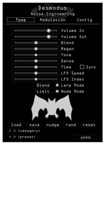 Load image into Gallery viewer, Desmodus plugin for VST, AU, and AAX in white. On the Tone page are main parameters that set the sound of the reverb. Presets are also controlled here. An upright large bat at the bottom signifies that sync mode is off. | Noise Engineering
