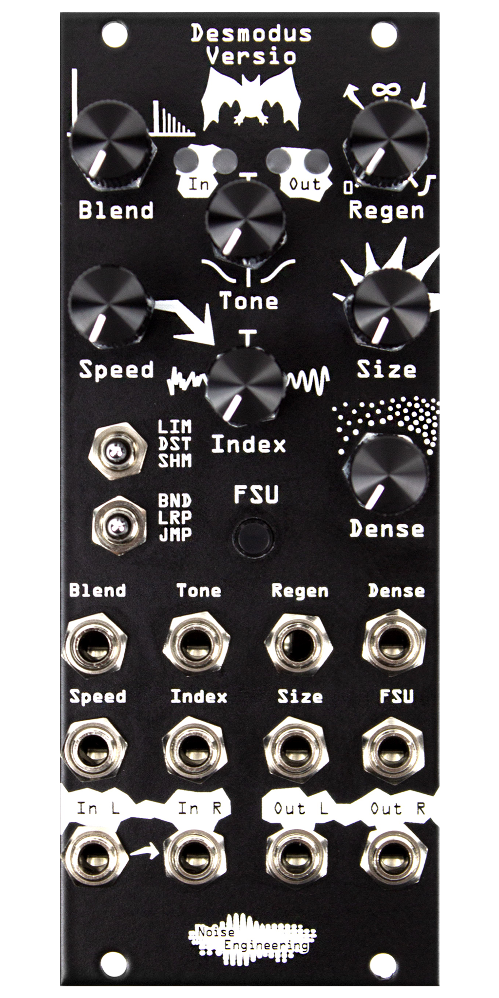 Stereo-in, stereo-out synthetic-tail generator reverb and DSP platform for Eurorack in black | Desmodus Versio by Noise Engineering| 