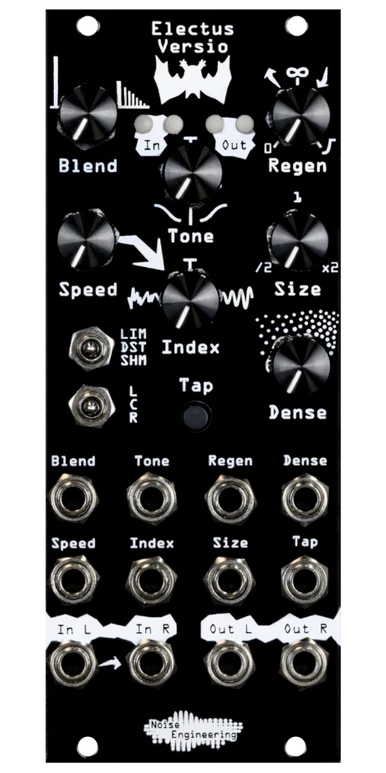 Clocked reverb/delay for stereo-in, stereo-out DSP platform in black | Electus Versio by Noise Engineering