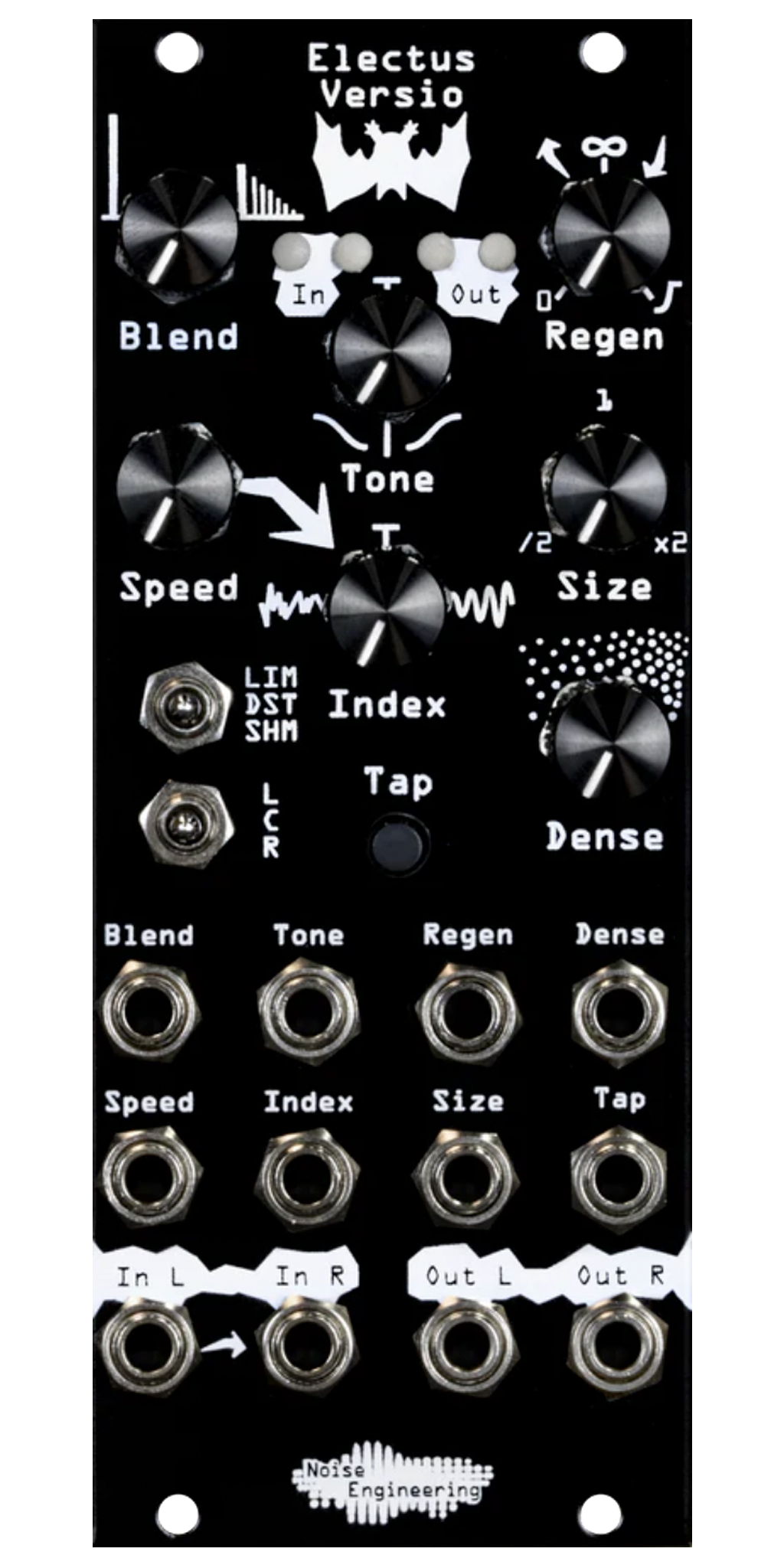 Clocked reverb/delay for stereo-in, stereo-out DSP platform in black | Electus Versio by Noise Engineering