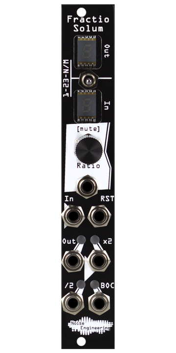 Load image into Gallery viewer, Polyrhythmic voltage-controlled clock divider and multiplier for Eurorack in black. Module has two 7-seg screens, a switch, encoder, and six jacks. | Fractio Solum by Noise Engineering
