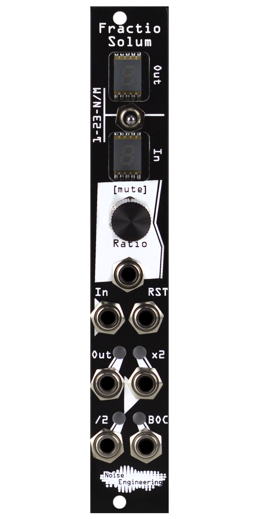 Polyrhythmic voltage-controlled clock divider and multiplier for Eurorack in black. Module has two 7-seg screens, a switch, encoder, and six jacks. | Fractio Solum by Noise Engineering