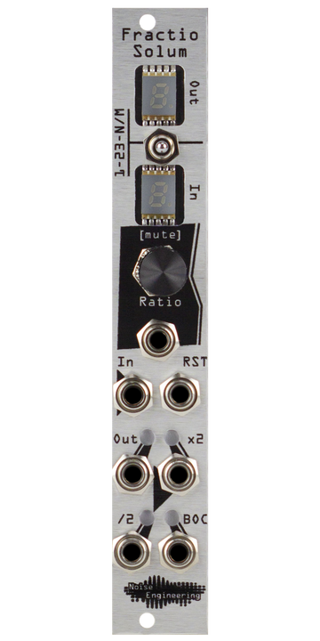 Load image into Gallery viewer, Polyrhythmic voltage-controlled clock divider and multiplier for Eurorack in silver. Module has two 7-seg screens, a switch, encoder, and six jacks. | Fractio Solum by Noise Engineering
