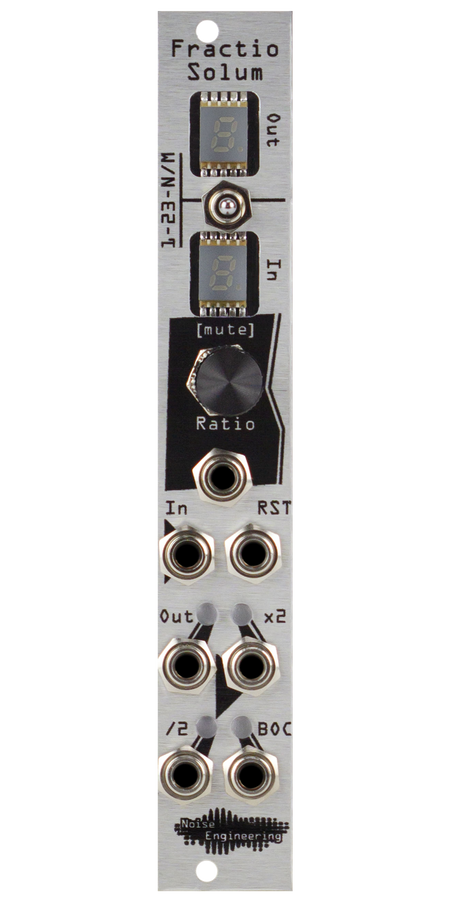 Polyrhythmic voltage-controlled clock divider and multiplier for Eurorack in silver. Module has two 7-seg screens, a switch, encoder, and six jacks. | Fractio Solum by Noise Engineering