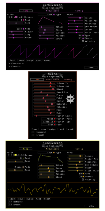Load image into Gallery viewer, Ruina Tone page in Red. Set Volumes, wet/dry blend, and distortion levels here. Sinc Vereor synth plugin Tone page in yellow. Configure tonal parameters for the synth here. Virt Vereor Tone page in Purple. Configure tonal parameters for the synth here. | Noise Engineering
