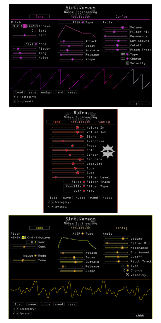 Ruina Tone page in Red. Set Volumes, wet/dry blend, and distortion levels here. Sinc Vereor synth plugin Tone page in yellow. Configure tonal parameters for the synth here. Virt Vereor Tone page in Purple. Configure tonal parameters for the synth here. | Noise Engineering