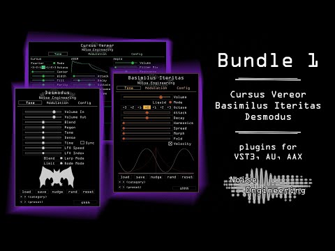 Load and play video in Gallery viewer, Cursus Vereor, Basimilus Iteritas, and Desmodus! The Bundle 1 plugins for VST3 and AU are here!  Enjoy the sounds of the modules with polyphony (what what?!), internal modulation, extensive MIDI capabilities, and the ease of in-the-box automation and recall. Each one comes with tons of presets and a randomize button so you can quickly jump through the sonic possibilities. Dive into the faders to shape your sound.
