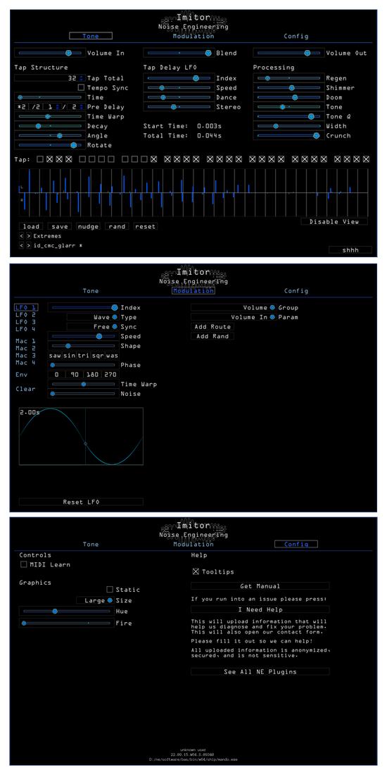 Imitor plugin for VST, AU, and AAX in blue. On the Tone page are main parameters that set the sound of the delay. Presets are also controlled here. The Modulation page shows modulation and routing parameters for LFO1. On the Configuration page set the size and update your graphics preferences (color and fire) here or click the help tab to get help and manuals. | Noise Engineering